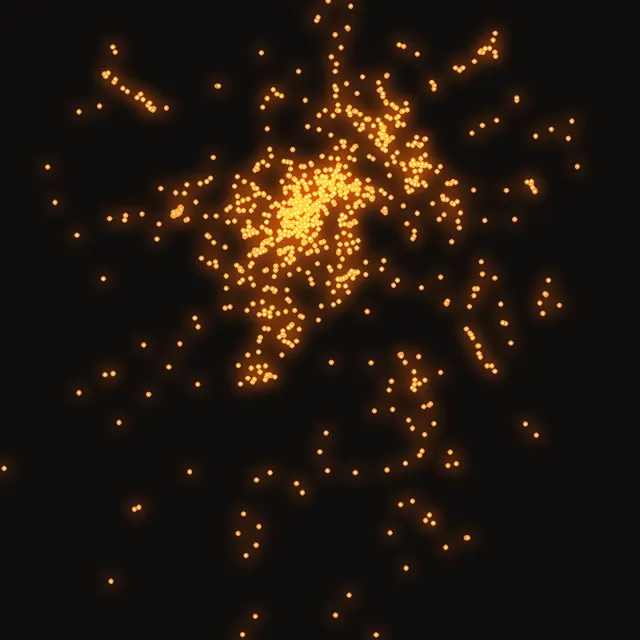 Mapa de Curitiba com um ponto laranja aceso para cada lugar no Onde Fica.