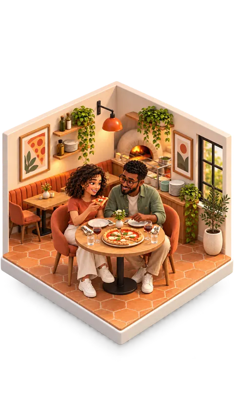 Ilustração de um casal numa mesa de restaurante, dividindo uma pizza.