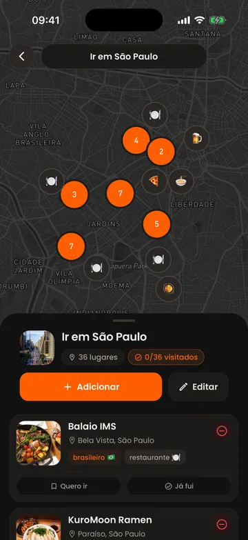 A lista “Ir em São Paulo” aberta no mapa, com 36 lugares.