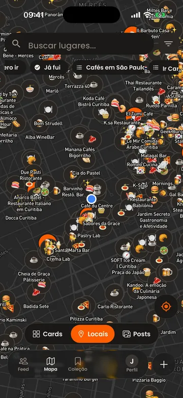 Tela do Onde Fica: o mapa com um emoji para cada restaurante, café e bar.