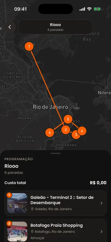 Um roteiro no Rio de Janeiro no Onde Fica: seis paradas numeradas no mapa, do Galeão ao Cristo Redentor, com a programação embaixo.
